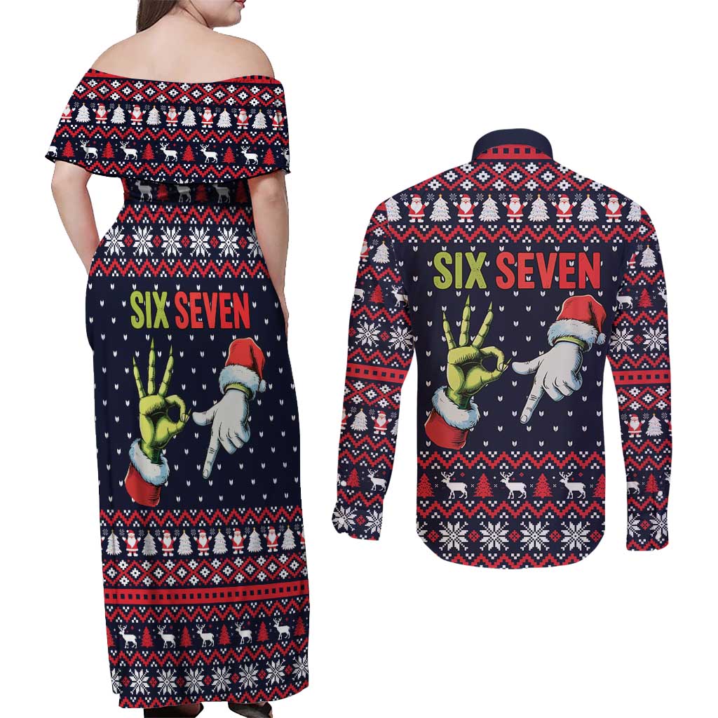 Grinch Hand Six Seven Xmas Couples Matching Off Shoulder Maxi Dress and Long Sleeve Button Shirt Meme Gen Alpha Slang - Wonder Print Shop