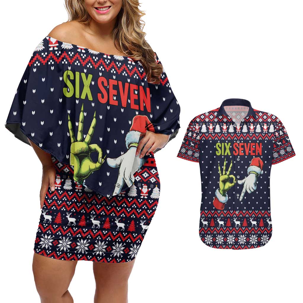 Grinch Hand Six Seven Xmas Couples Matching Off Shoulder Short Dress and Hawaiian Shirt Meme Gen Alpha Slang - Wonder Print Shop