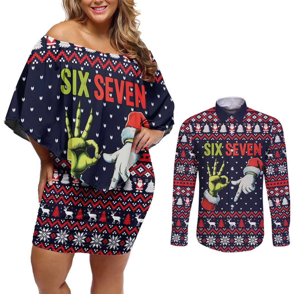 Grinch Hand Six Seven Xmas Couples Matching Off Shoulder Short Dress and Long Sleeve Button Shirt Meme Gen Alpha Slang - Wonder Print Shop