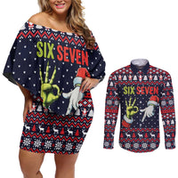 Grinch Hand Six Seven Xmas Couples Matching Off Shoulder Short Dress and Long Sleeve Button Shirt Meme Gen Alpha Slang - Wonder Print Shop