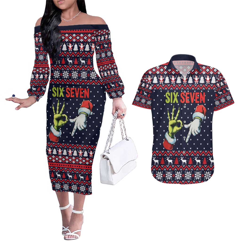 Grinch Hand Six Seven Xmas Couples Matching Off The Shoulder Long Sleeve Dress and Hawaiian Shirt Meme Gen Alpha Slang - Wonder Print Shop