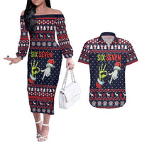 Grinch Hand Six Seven Xmas Couples Matching Off The Shoulder Long Sleeve Dress and Hawaiian Shirt Meme Gen Alpha Slang - Wonder Print Shop