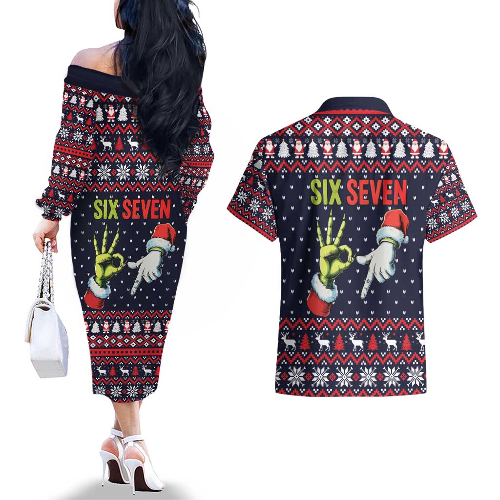 Grinch Hand Six Seven Xmas Couples Matching Off The Shoulder Long Sleeve Dress and Hawaiian Shirt Meme Gen Alpha Slang - Wonder Print Shop