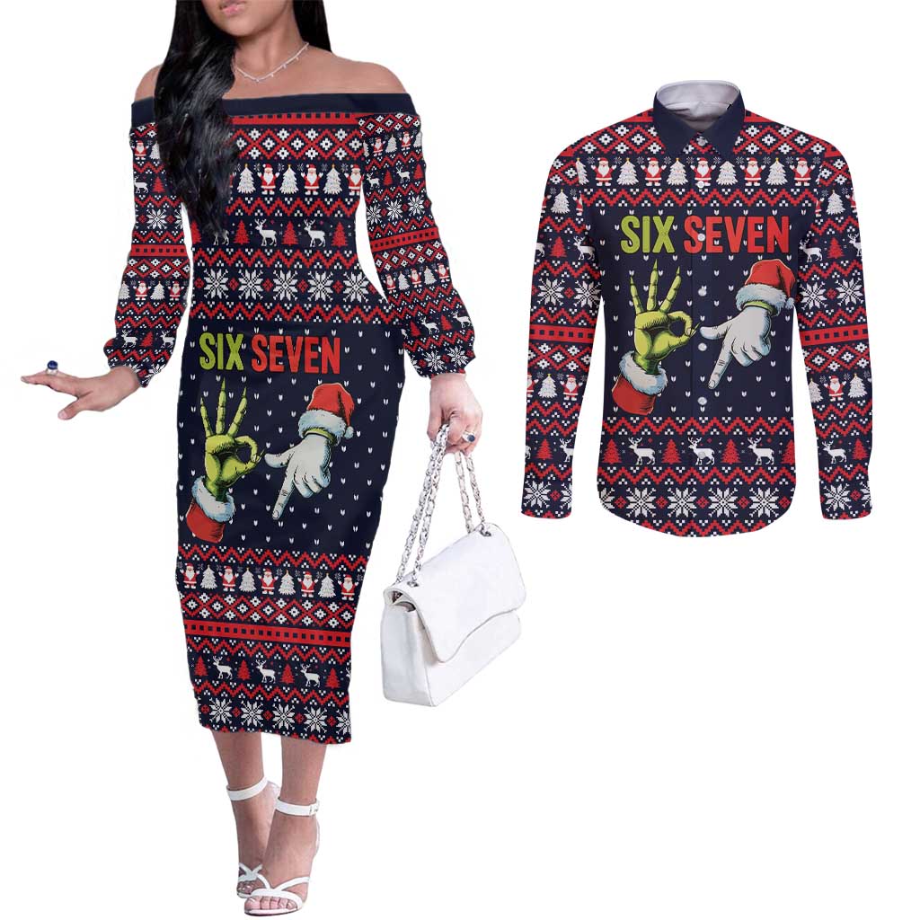 Grinch Hand Six Seven Xmas Couples Matching Off The Shoulder Long Sleeve Dress and Long Sleeve Button Shirt Meme Gen Alpha Slang - Wonder Print Shop