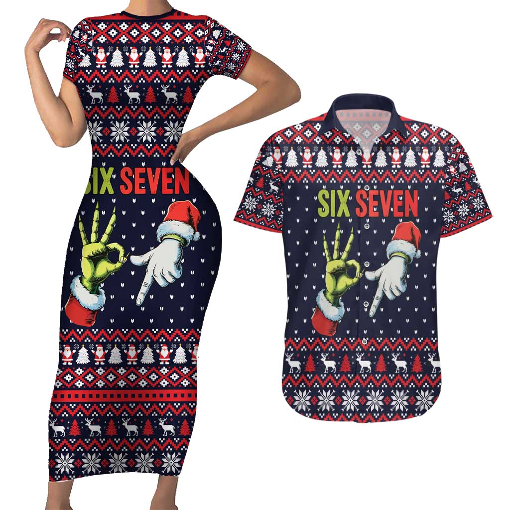Grinch Hand Six Seven Xmas Couples Matching Short Sleeve Bodycon Dress and Hawaiian Shirt Meme Gen Alpha Slang - Wonder Print Shop