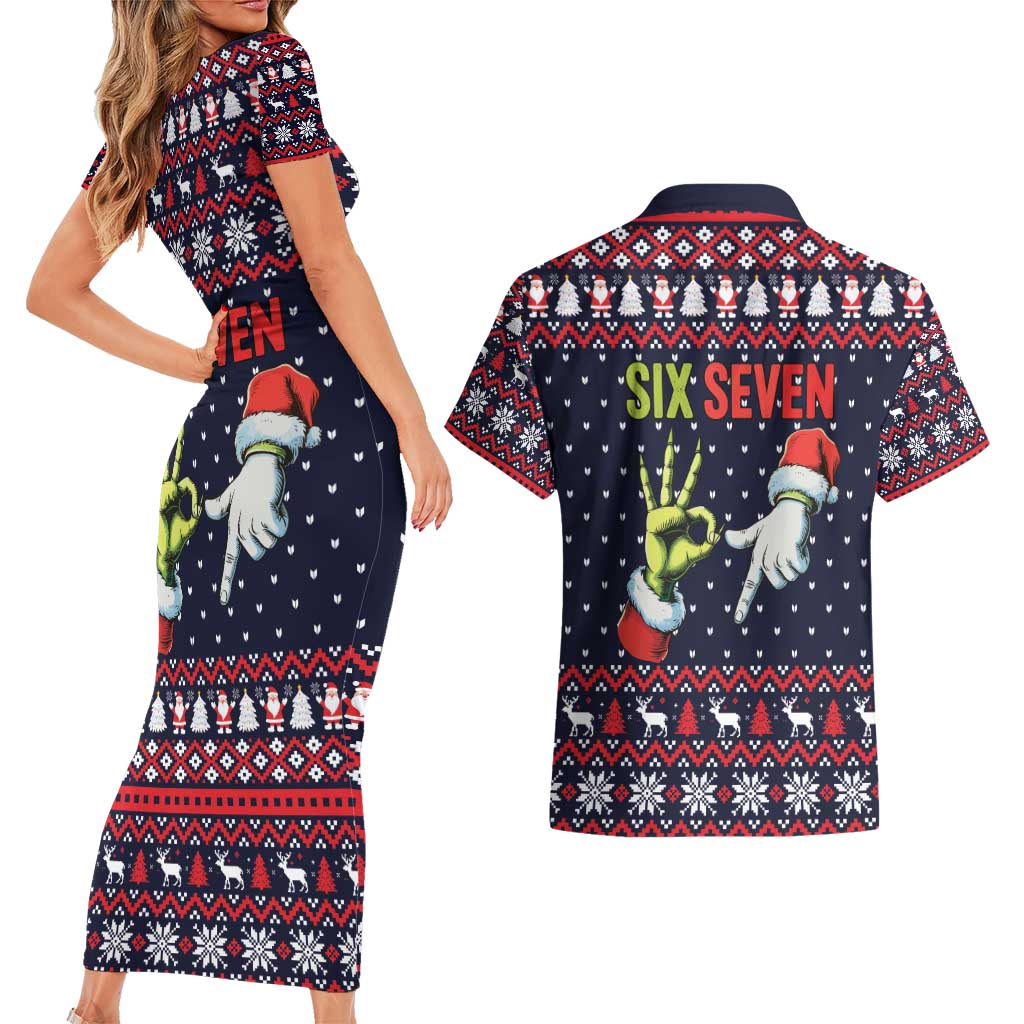 Grinch Hand Six Seven Xmas Couples Matching Short Sleeve Bodycon Dress and Hawaiian Shirt Meme Gen Alpha Slang - Wonder Print Shop