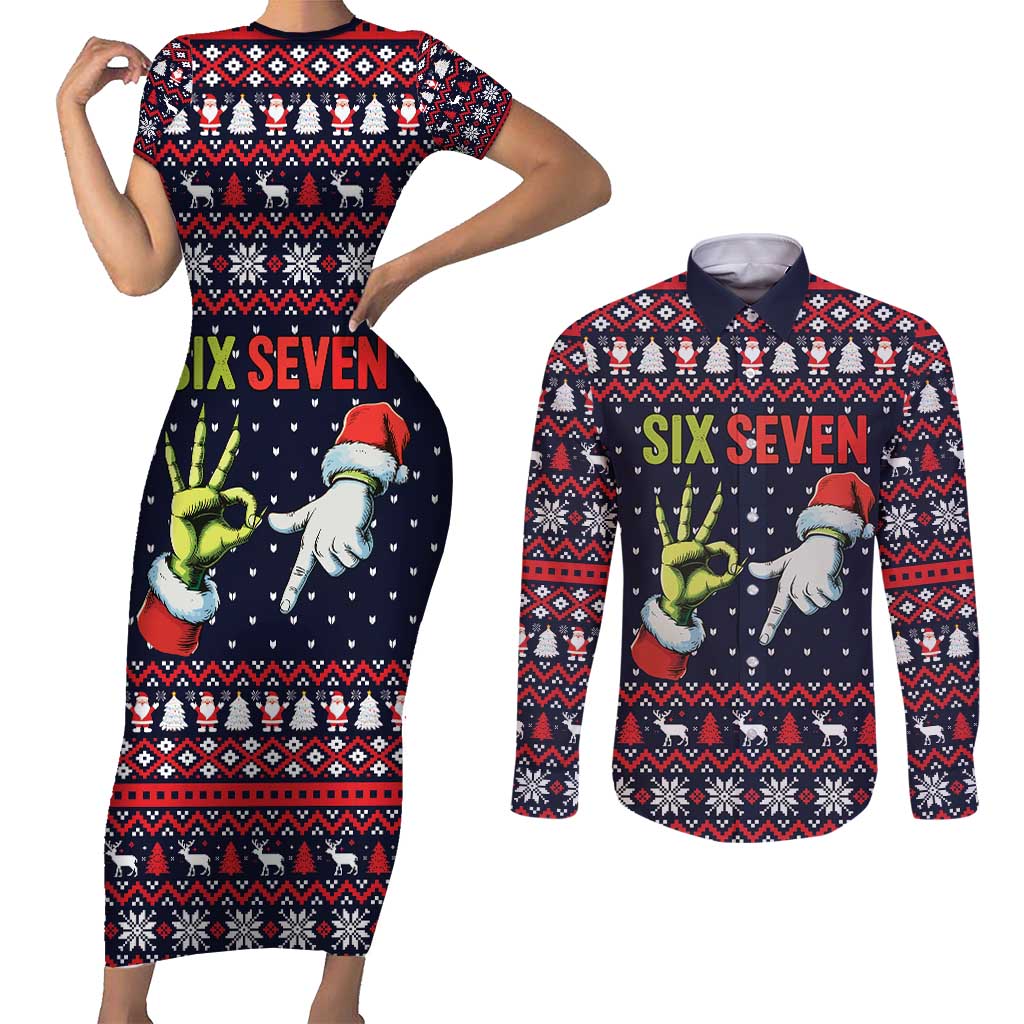 Grinch Hand Six Seven Xmas Couples Matching Short Sleeve Bodycon Dress and Long Sleeve Button Shirt Meme Gen Alpha Slang - Wonder Print Shop