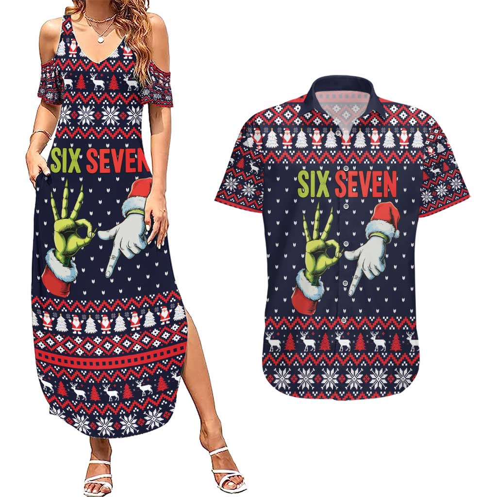 Grinch Hand Six Seven Xmas Couples Matching Summer Maxi Dress and Hawaiian Shirt Meme Gen Alpha Slang - Wonder Print Shop
