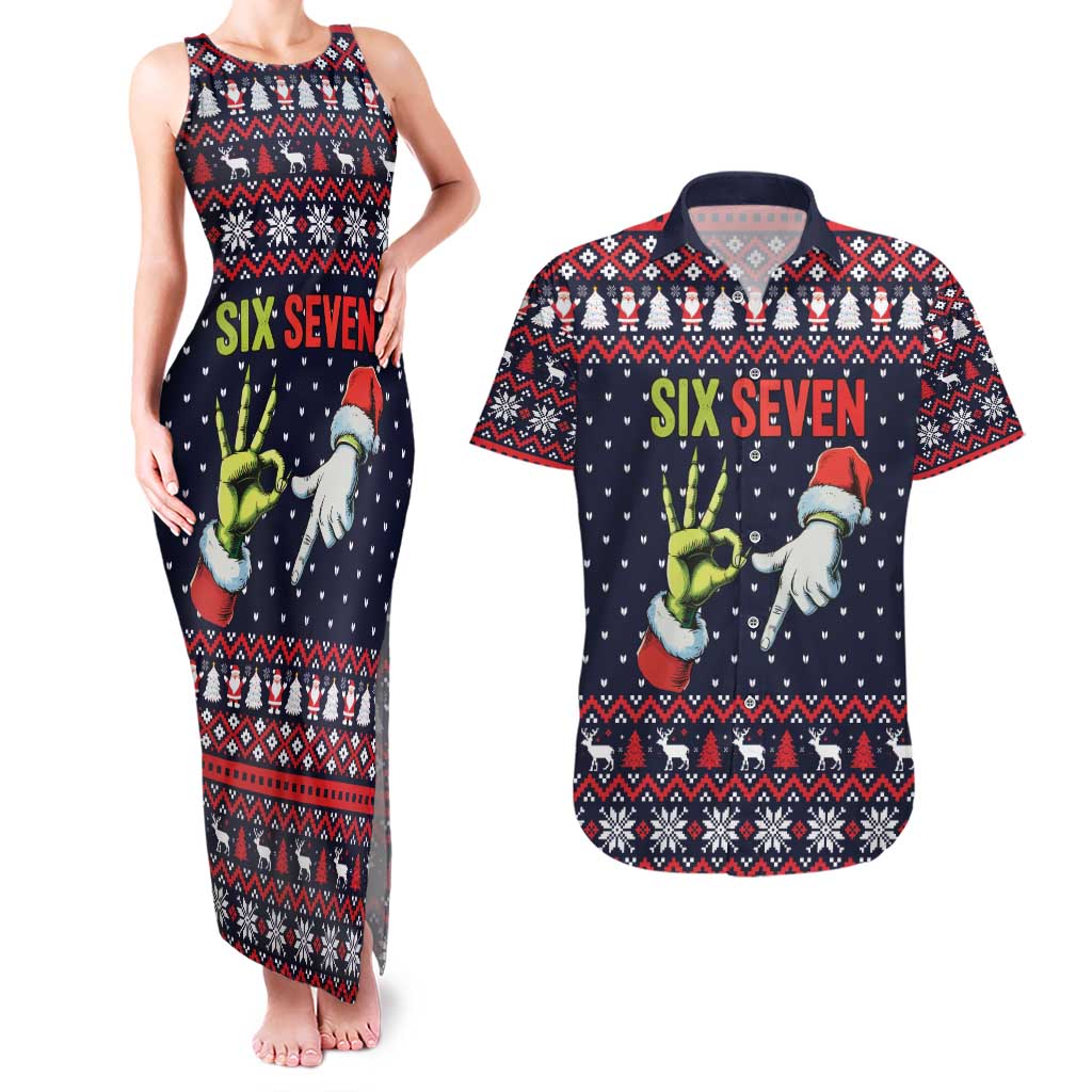 Grinch Hand Six Seven Xmas Couples Matching Tank Maxi Dress and Hawaiian Shirt Meme Gen Alpha Slang - Wonder Print Shop
