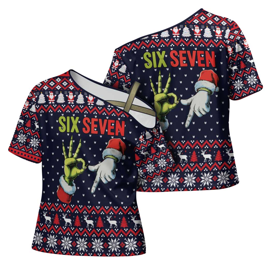 Grinch Hand Six Seven Xmas Cross Shoulder Shirt Meme Gen Alpha Slang - Wonder Print Shop