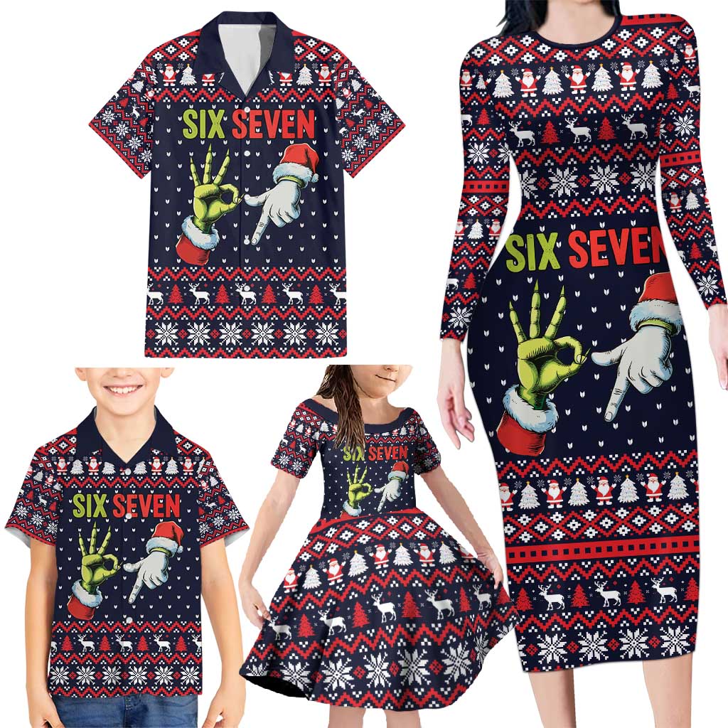 Grinch Hand Six Seven Xmas Family Matching Long Sleeve Bodycon Dress and Hawaiian Shirt Meme Gen Alpha Slang - Wonder Print Shop