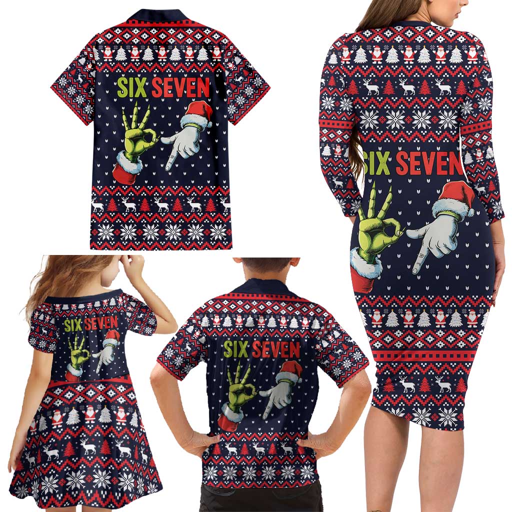 Grinch Hand Six Seven Xmas Family Matching Long Sleeve Bodycon Dress and Hawaiian Shirt Meme Gen Alpha Slang - Wonder Print Shop