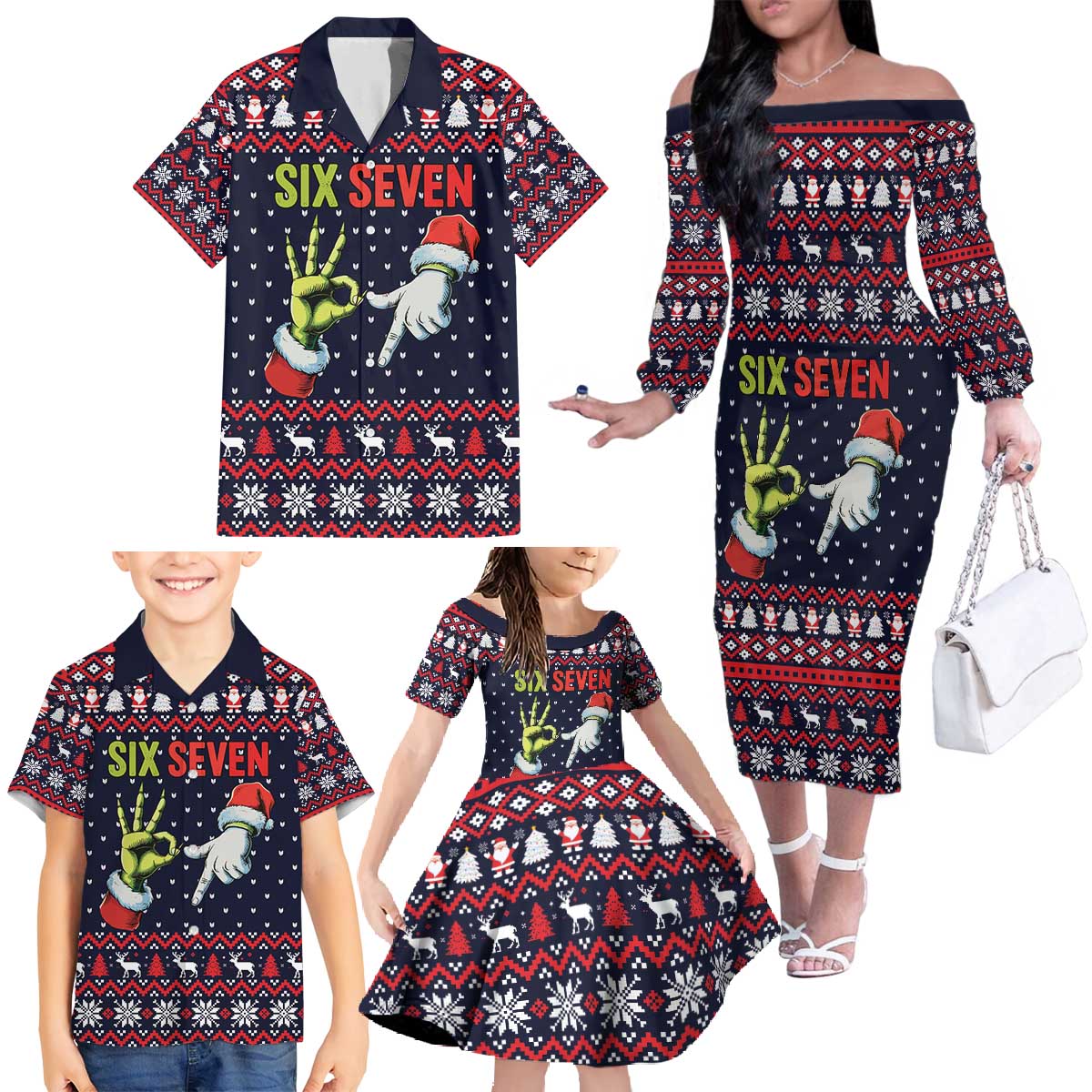 Grinch Hand Six Seven Xmas Family Matching Off The Shoulder Long Sleeve Dress and Hawaiian Shirt Meme Gen Alpha Slang - Wonder Print Shop