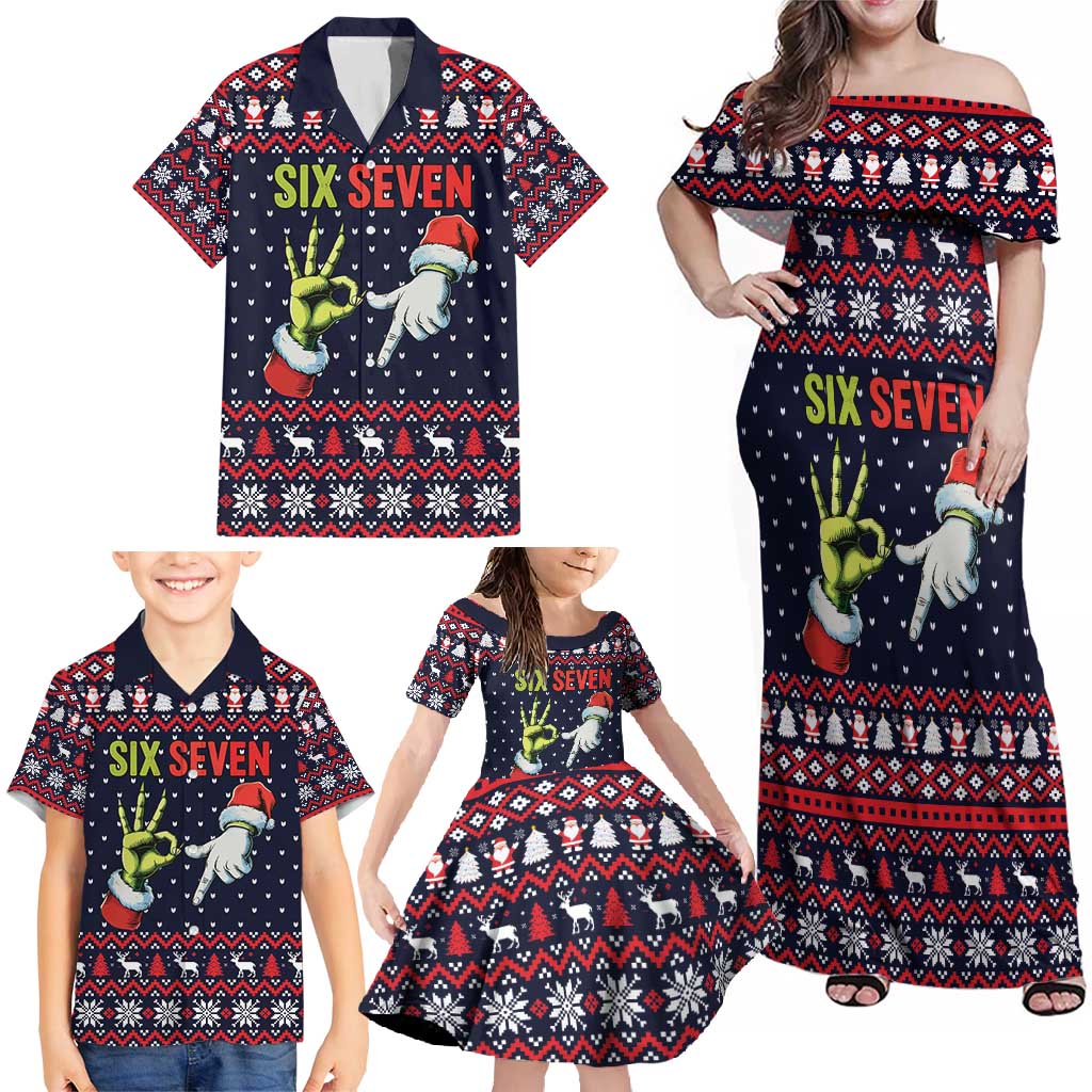 Grinch Hand Six Seven Xmas Family Matching Off Shoulder Maxi Dress and Hawaiian Shirt Meme Gen Alpha Slang - Wonder Print Shop
