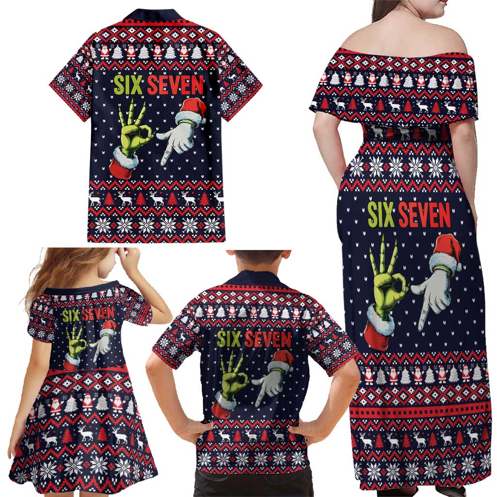 Grinch Hand Six Seven Xmas Family Matching Off Shoulder Maxi Dress and Hawaiian Shirt Meme Gen Alpha Slang - Wonder Print Shop