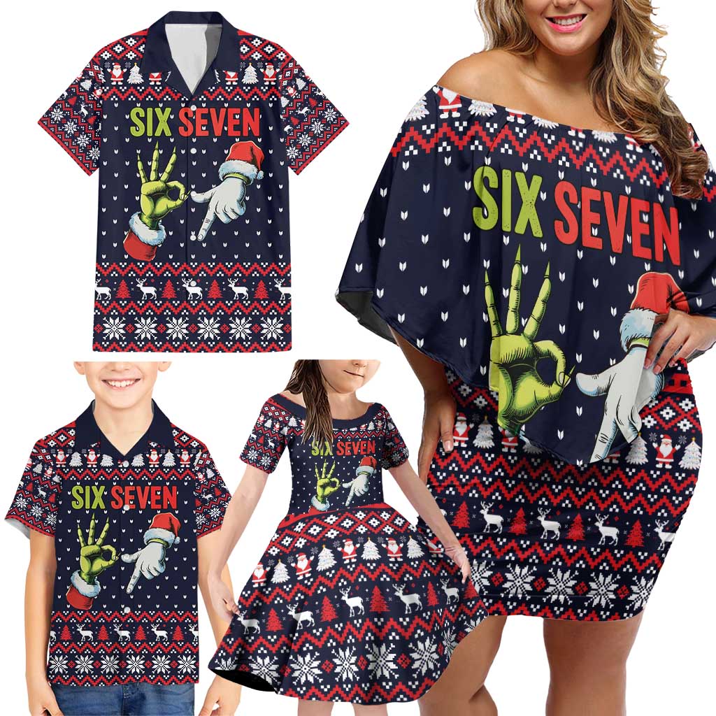Grinch Hand Six Seven Xmas Family Matching Off Shoulder Short Dress and Hawaiian Shirt Meme Gen Alpha Slang - Wonder Print Shop