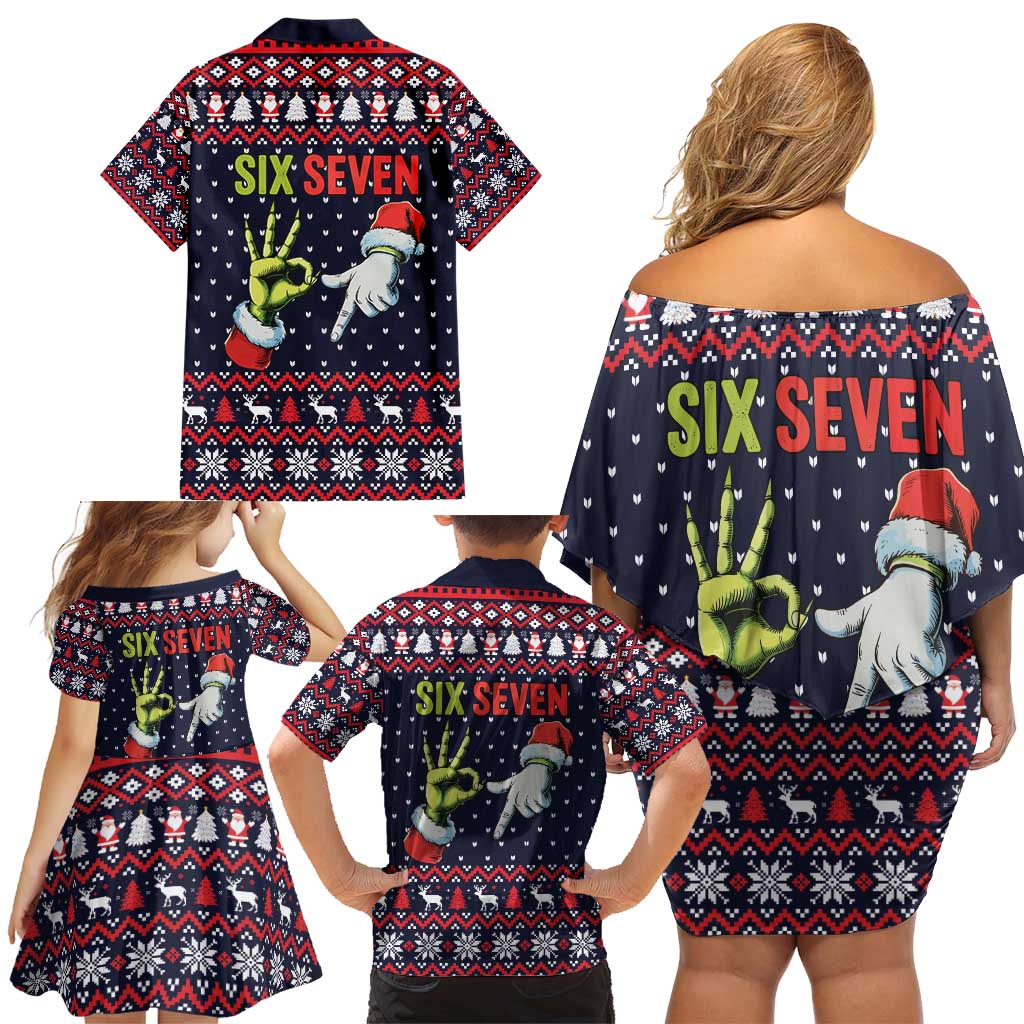 Grinch Hand Six Seven Xmas Family Matching Off Shoulder Short Dress and Hawaiian Shirt Meme Gen Alpha Slang - Wonder Print Shop