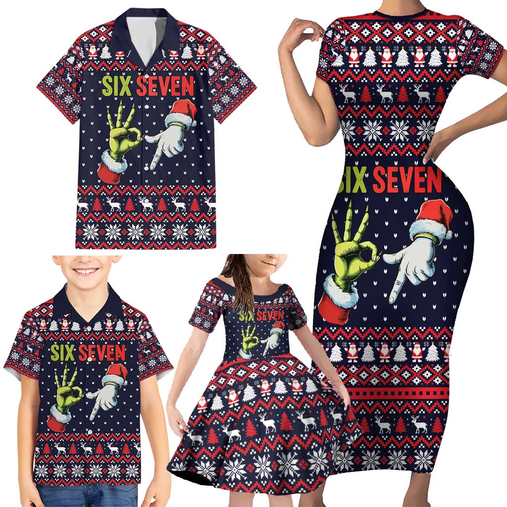 Grinch Hand Six Seven Xmas Family Matching Short Sleeve Bodycon Dress and Hawaiian Shirt Meme Gen Alpha Slang - Wonder Print Shop
