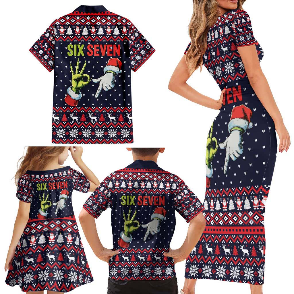 Grinch Hand Six Seven Xmas Family Matching Short Sleeve Bodycon Dress and Hawaiian Shirt Meme Gen Alpha Slang - Wonder Print Shop
