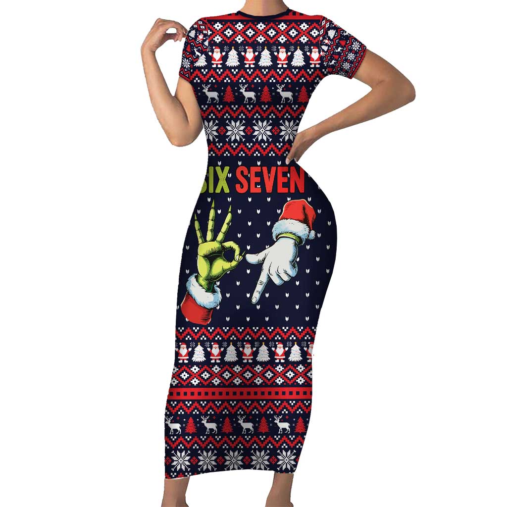 Grinch Hand Six Seven Xmas Family Matching Short Sleeve Bodycon Dress and Hawaiian Shirt Meme Gen Alpha Slang - Wonder Print Shop