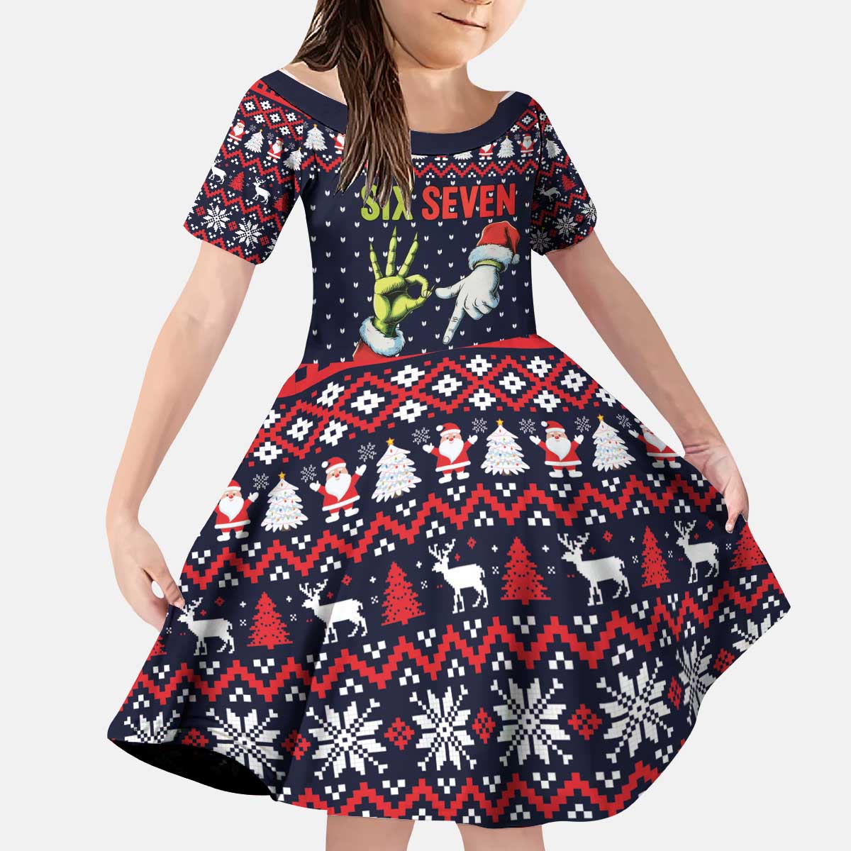Grinch Hand Six Seven Xmas Kid Short Sleeve Dress Meme Gen Alpha Slang - Wonder Print Shop