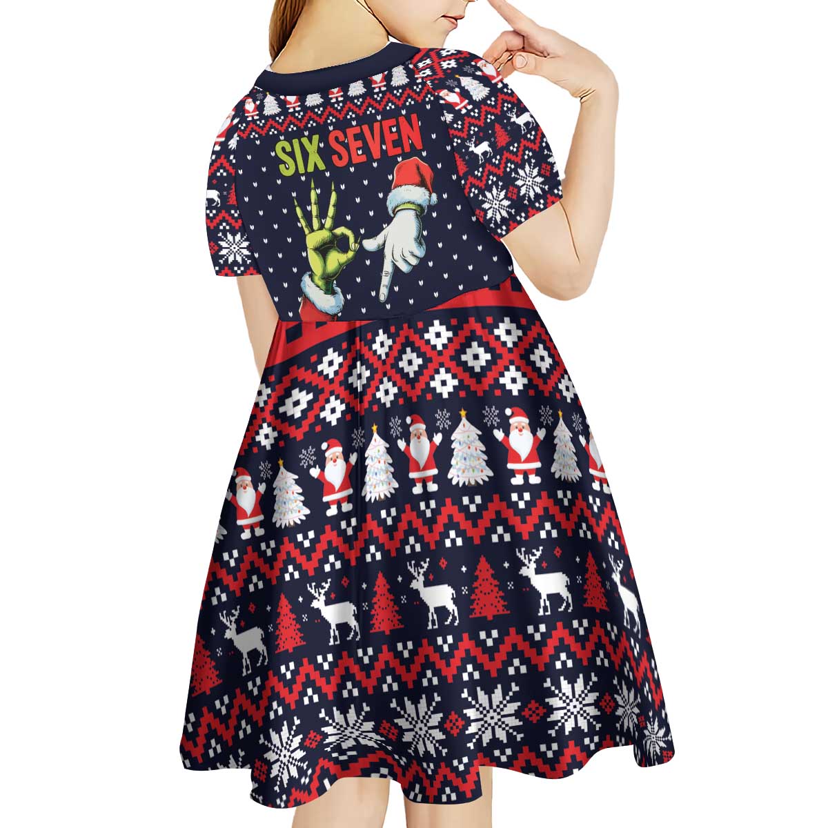 Grinch Hand Six Seven Xmas Kid Short Sleeve Dress Meme Gen Alpha Slang - Wonder Print Shop