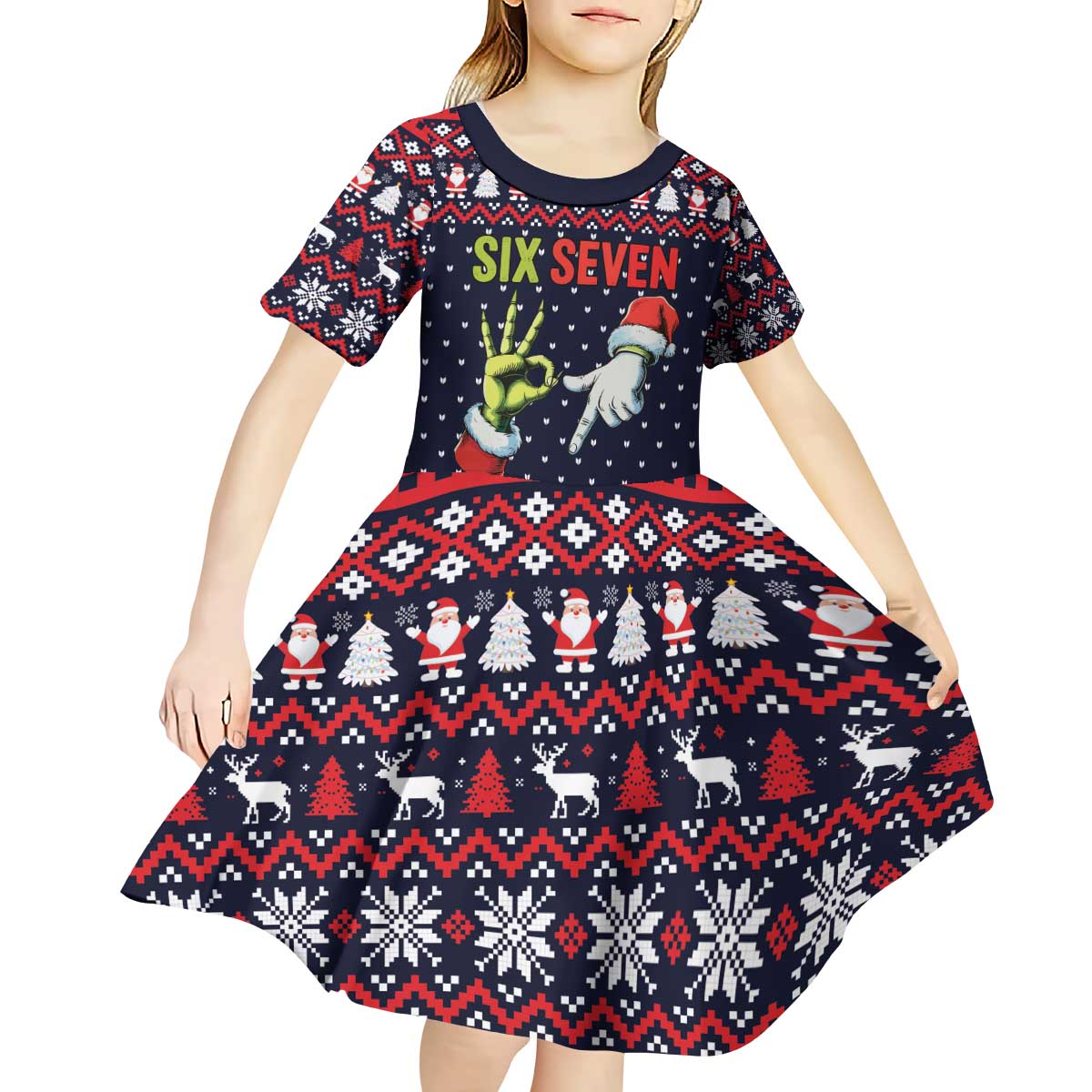 Grinch Hand Six Seven Xmas Kid Short Sleeve Dress Meme Gen Alpha Slang - Wonder Print Shop