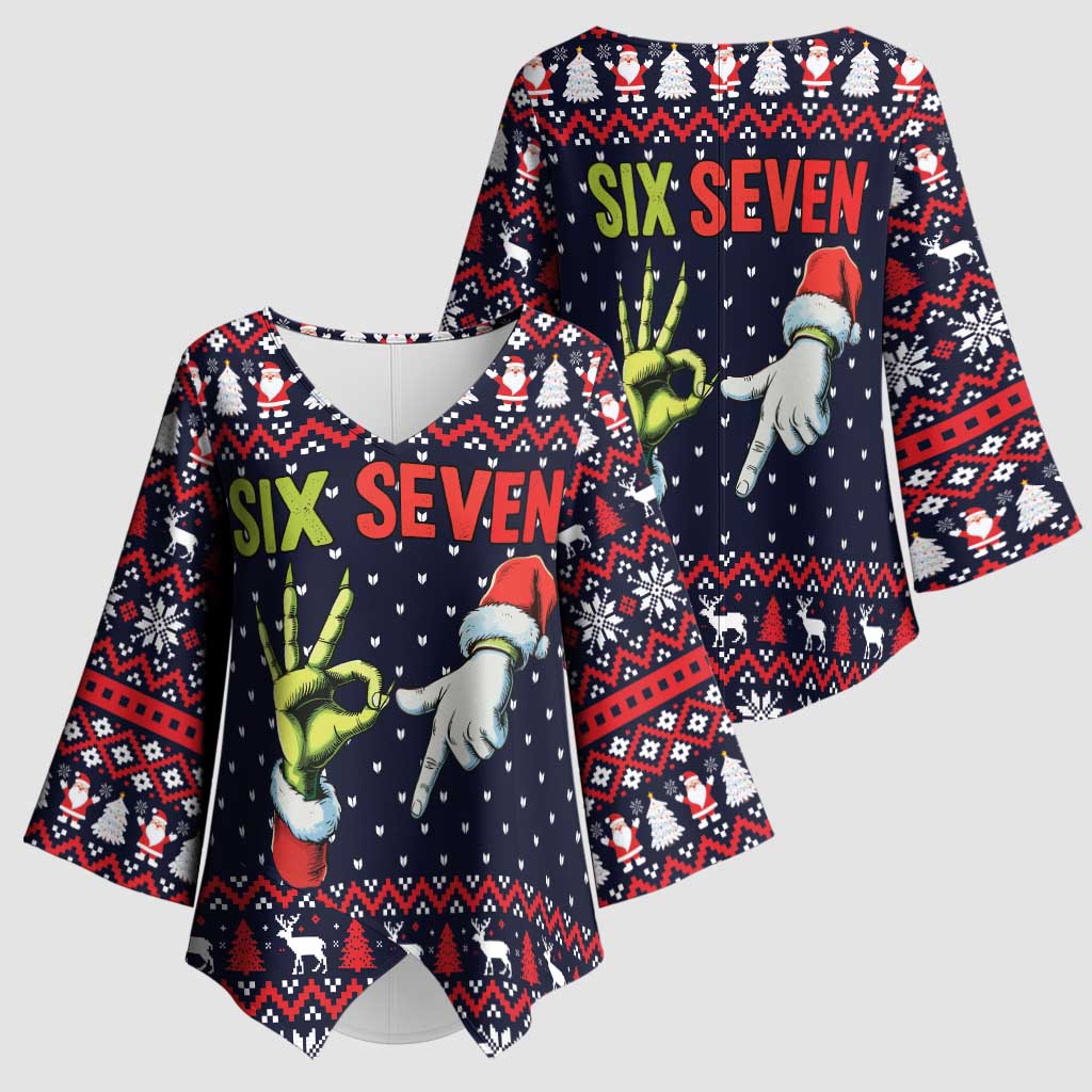 Grinch Hand Six Seven Xmas Kimono Sleeve Blouse Meme Gen Alpha Slang - Wonder Print Shop