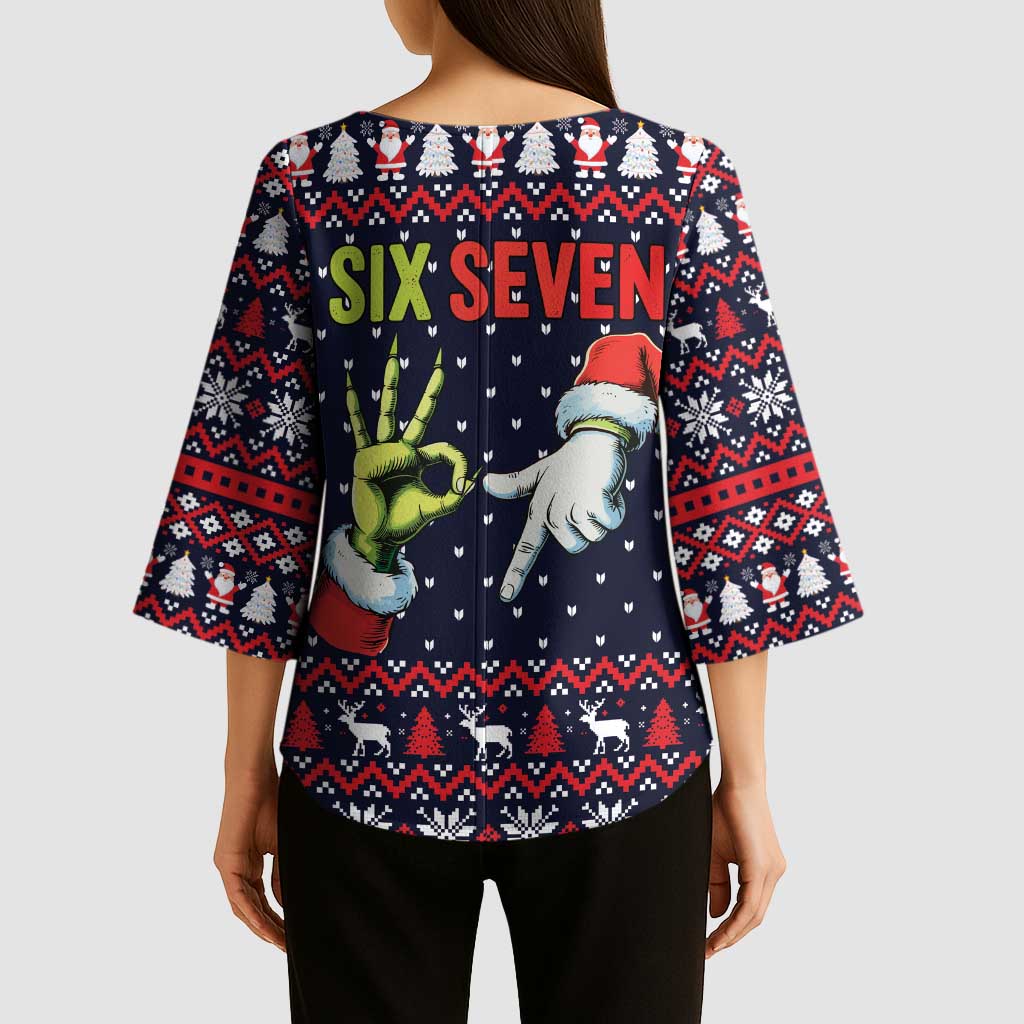 Grinch Hand Six Seven Xmas Kimono Sleeve Blouse Meme Gen Alpha Slang - Wonder Print Shop