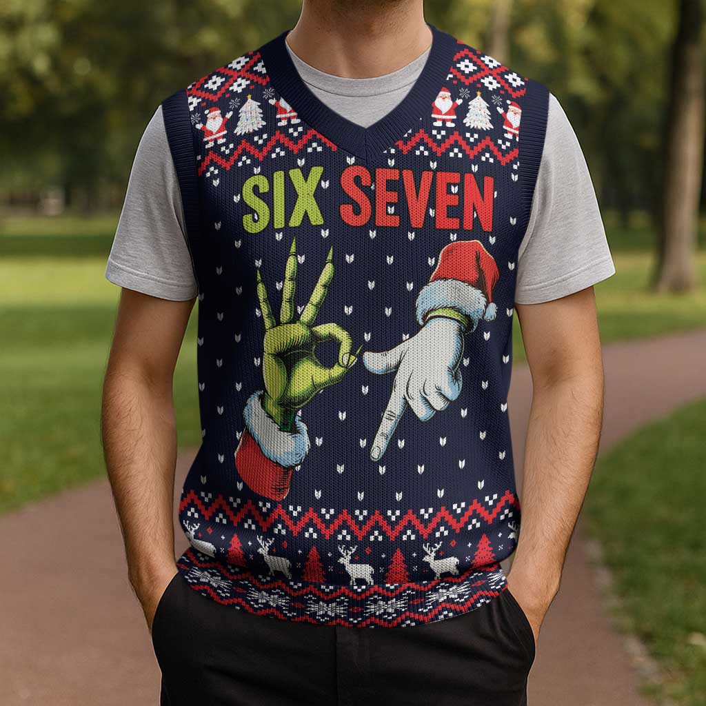 Grinch Hand Six Seven Xmas Christmas Knitted V-Neck Vest Meme Gen Alpha Slang - Wonder Print Shop