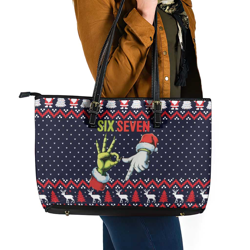 Grinch Hand Six Seven Xmas Leather Tote Bag Meme Gen Alpha Slang - Wonder Print Shop
