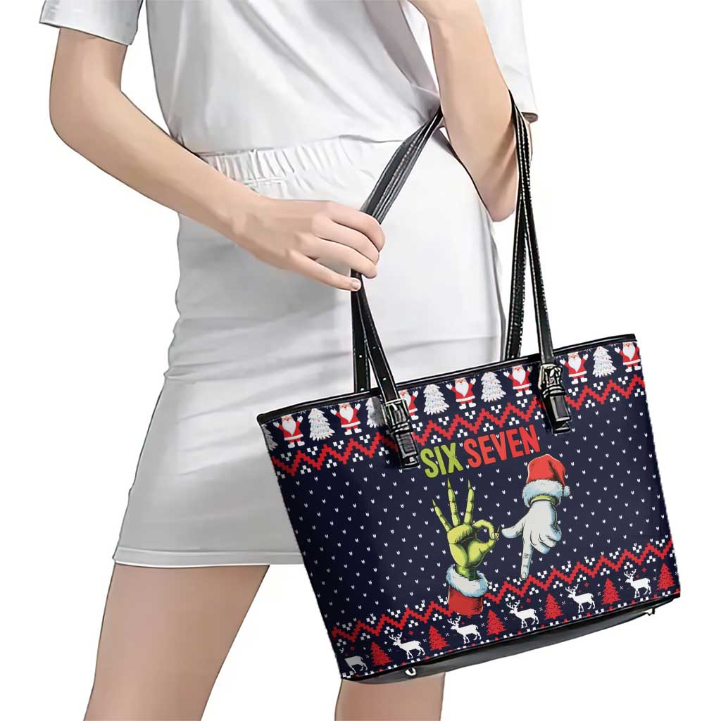 Grinch Hand Six Seven Xmas Leather Tote Bag Meme Gen Alpha Slang - Wonder Print Shop