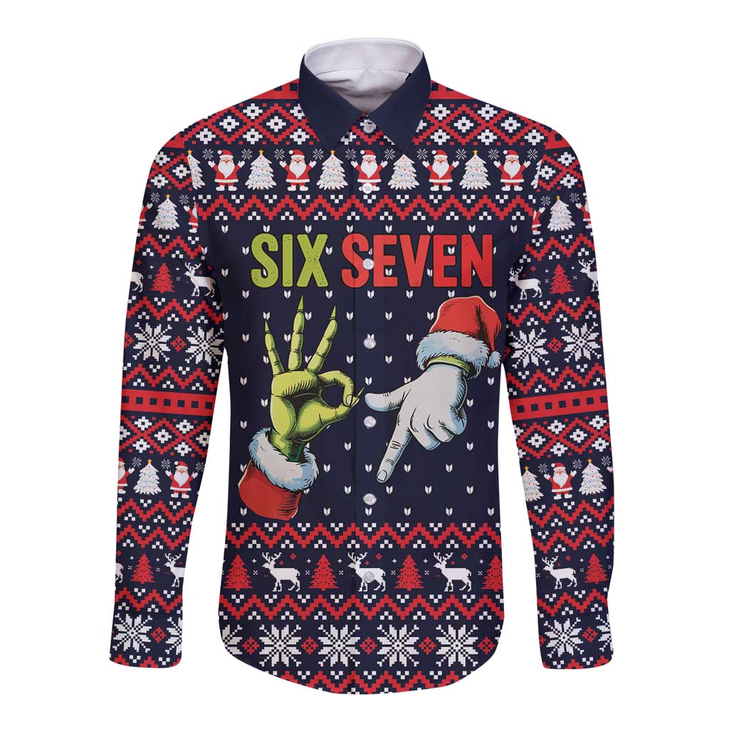 Grinch Hand Six Seven Xmas Long Sleeve Button Shirt Meme Gen Alpha Slang - Wonder Print Shop