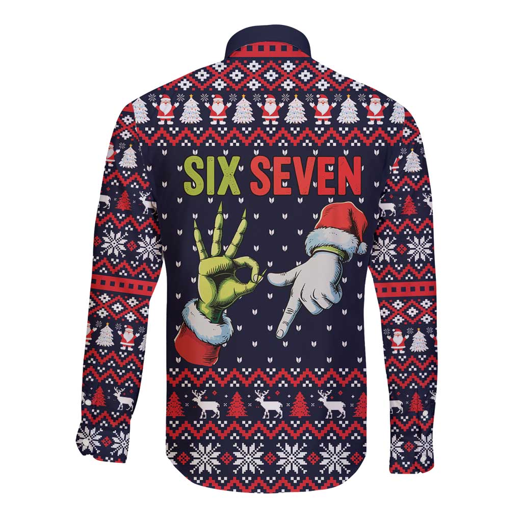 Grinch Hand Six Seven Xmas Long Sleeve Button Shirt Meme Gen Alpha Slang - Wonder Print Shop