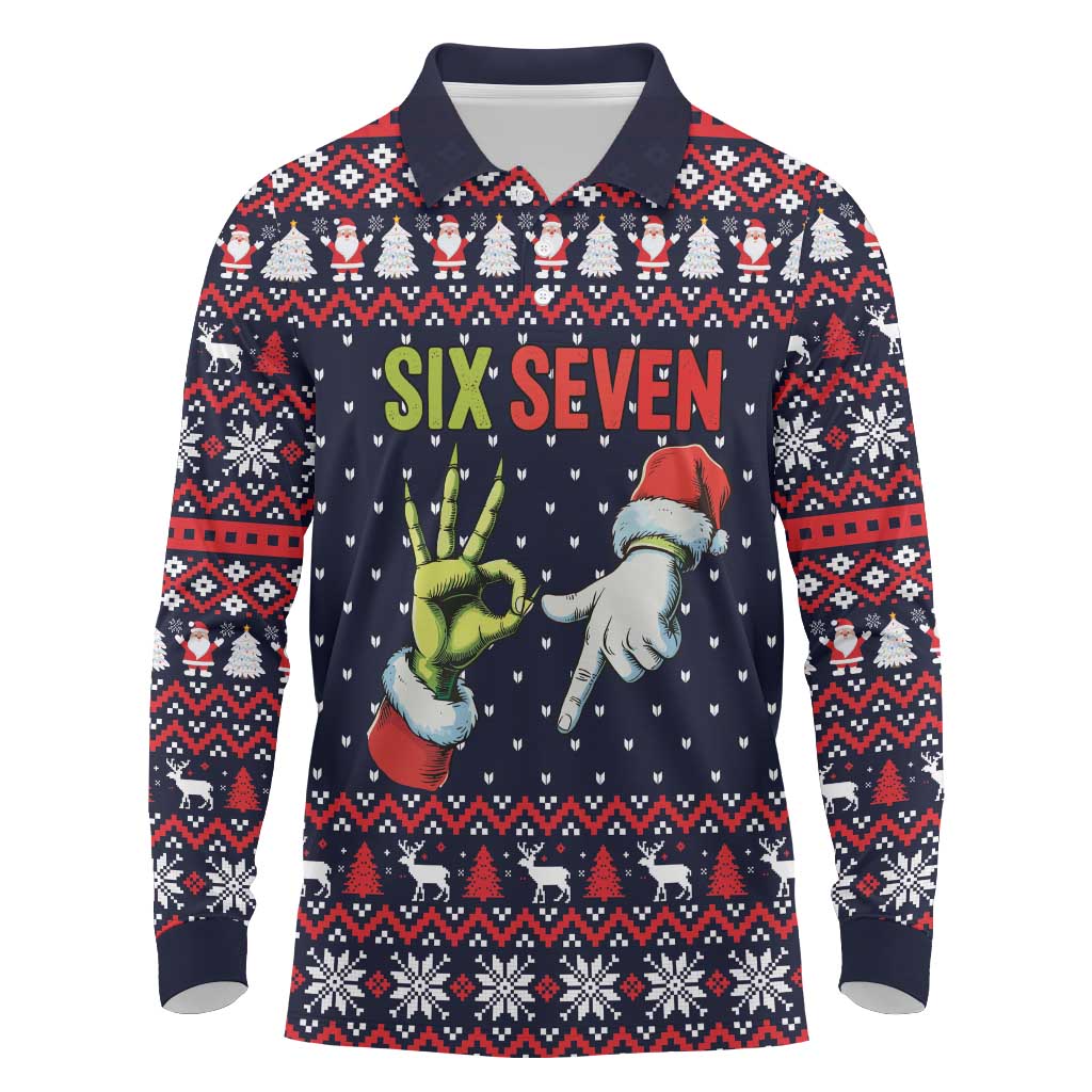 Grinch Hand Six Seven Xmas Long Sleeve Polo Shirt Meme Gen Alpha Slang - Wonder Print Shop