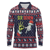 Grinch Hand Six Seven Xmas Long Sleeve Polo Shirt Meme Gen Alpha Slang - Wonder Print Shop