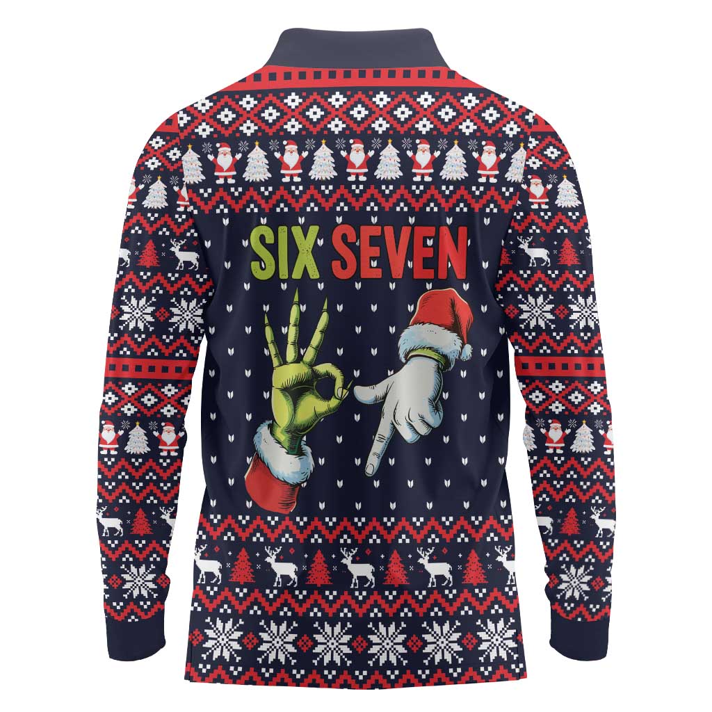Grinch Hand Six Seven Xmas Long Sleeve Polo Shirt Meme Gen Alpha Slang - Wonder Print Shop