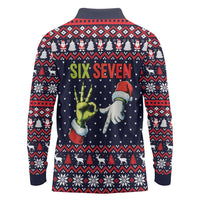 Grinch Hand Six Seven Xmas Long Sleeve Polo Shirt Meme Gen Alpha Slang - Wonder Print Shop