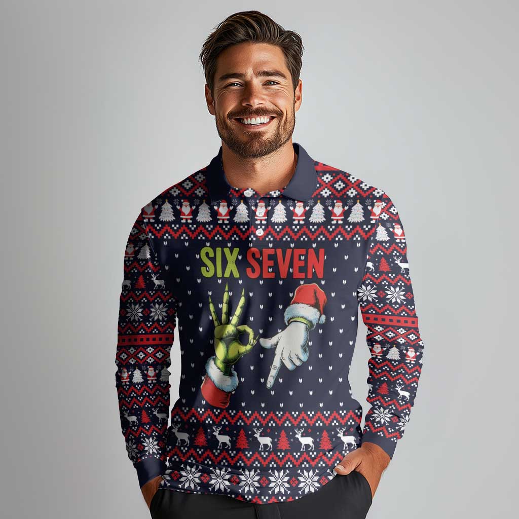 Grinch Hand Six Seven Xmas Long Sleeve Polo Shirt Meme Gen Alpha Slang - Wonder Print Shop
