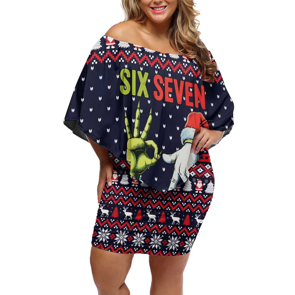 Grinch Hand Six Seven Xmas Off Shoulder Short Dress Meme Gen Alpha Slang - Wonder Print Shop