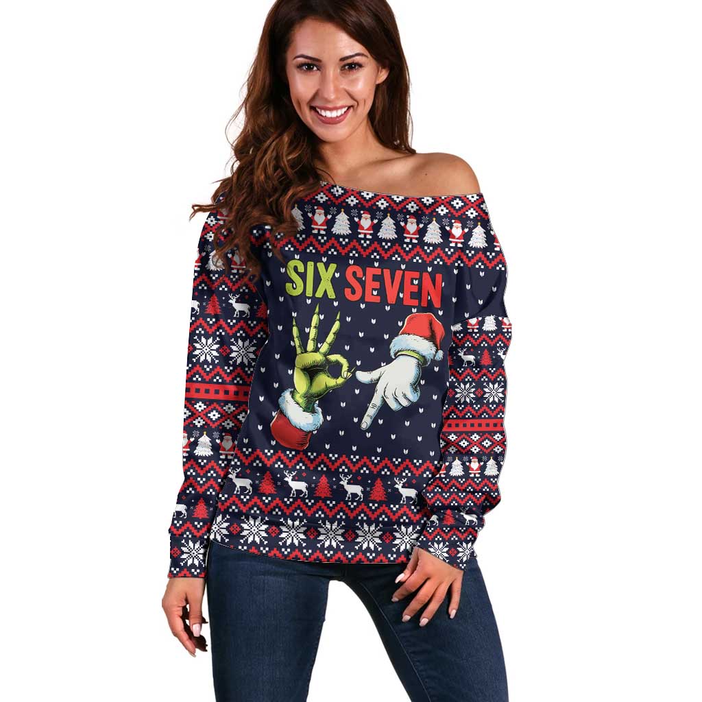 Grinch Hand Six Seven Xmas Off Shoulder Sweater Meme Gen Alpha Slang - Wonder Print Shop
