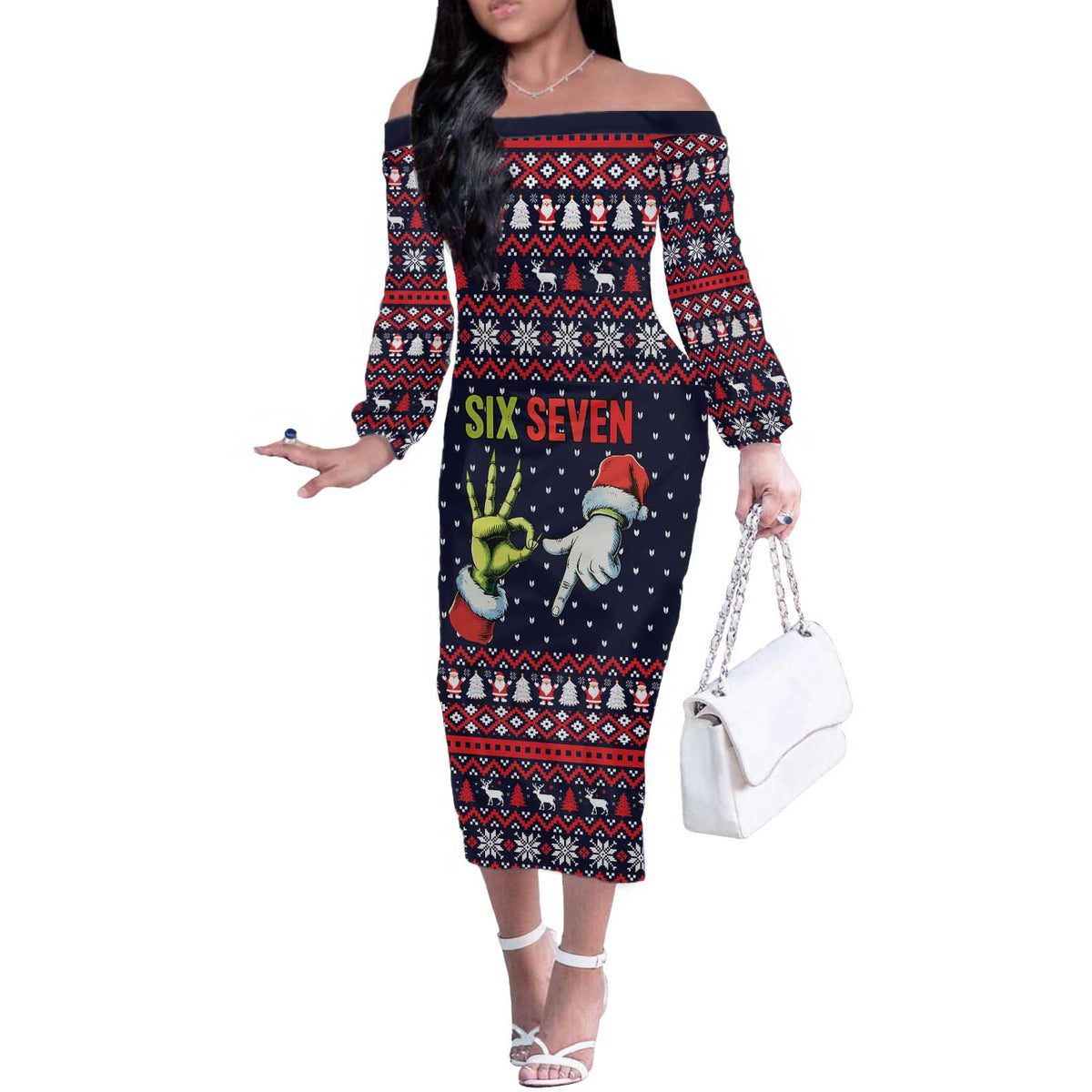 Grinch Hand Six Seven Xmas Off The Shoulder Long Sleeve Dress Meme Gen Alpha Slang - Wonder Print Shop