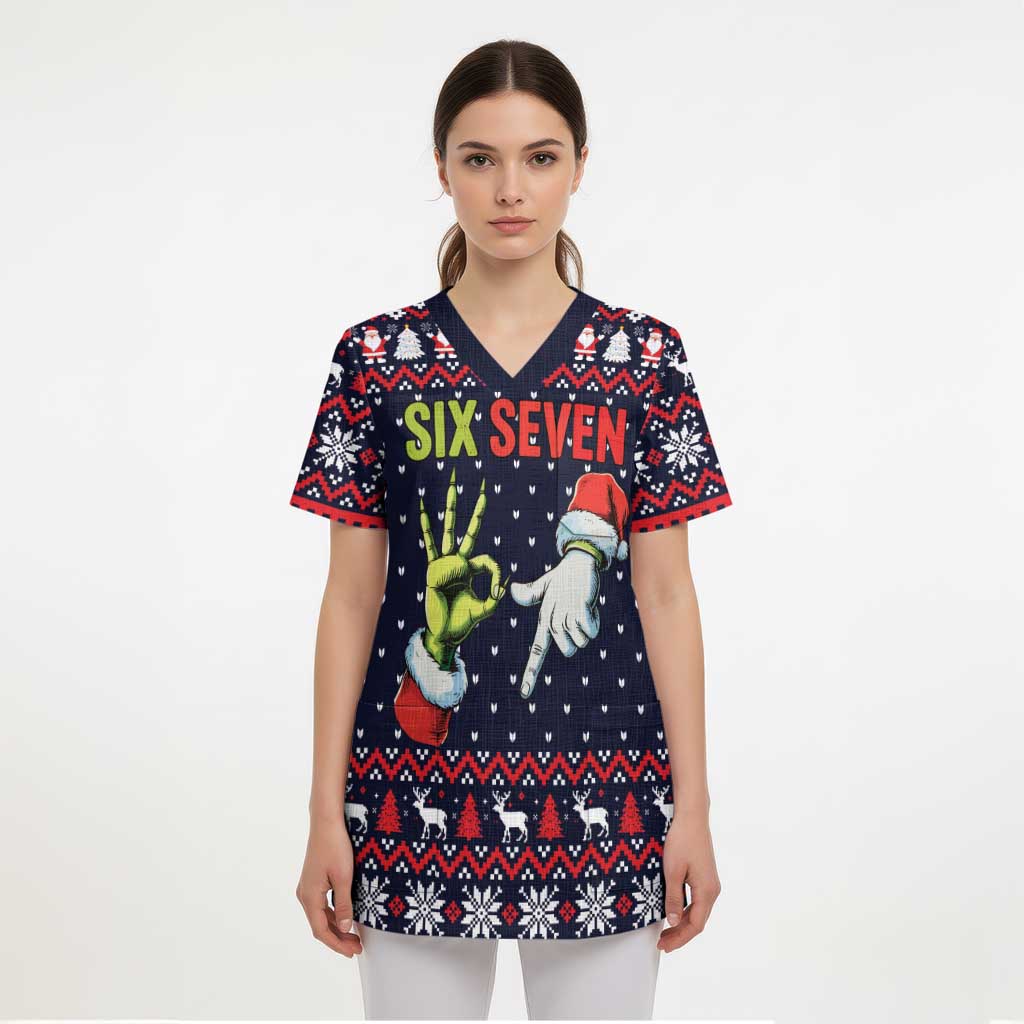 Grinch Hand Six Seven Xmas Scrub Top Meme Gen Alpha Slang - Wonder Print Shop