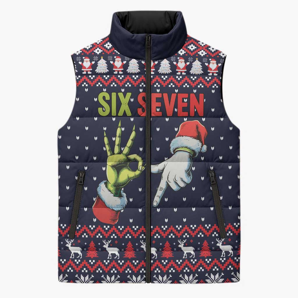 Grinch Hand Six Seven Xmas Sleeveless Puffer Jacket Meme Gen Alpha Slang - Wonder Print Shop
