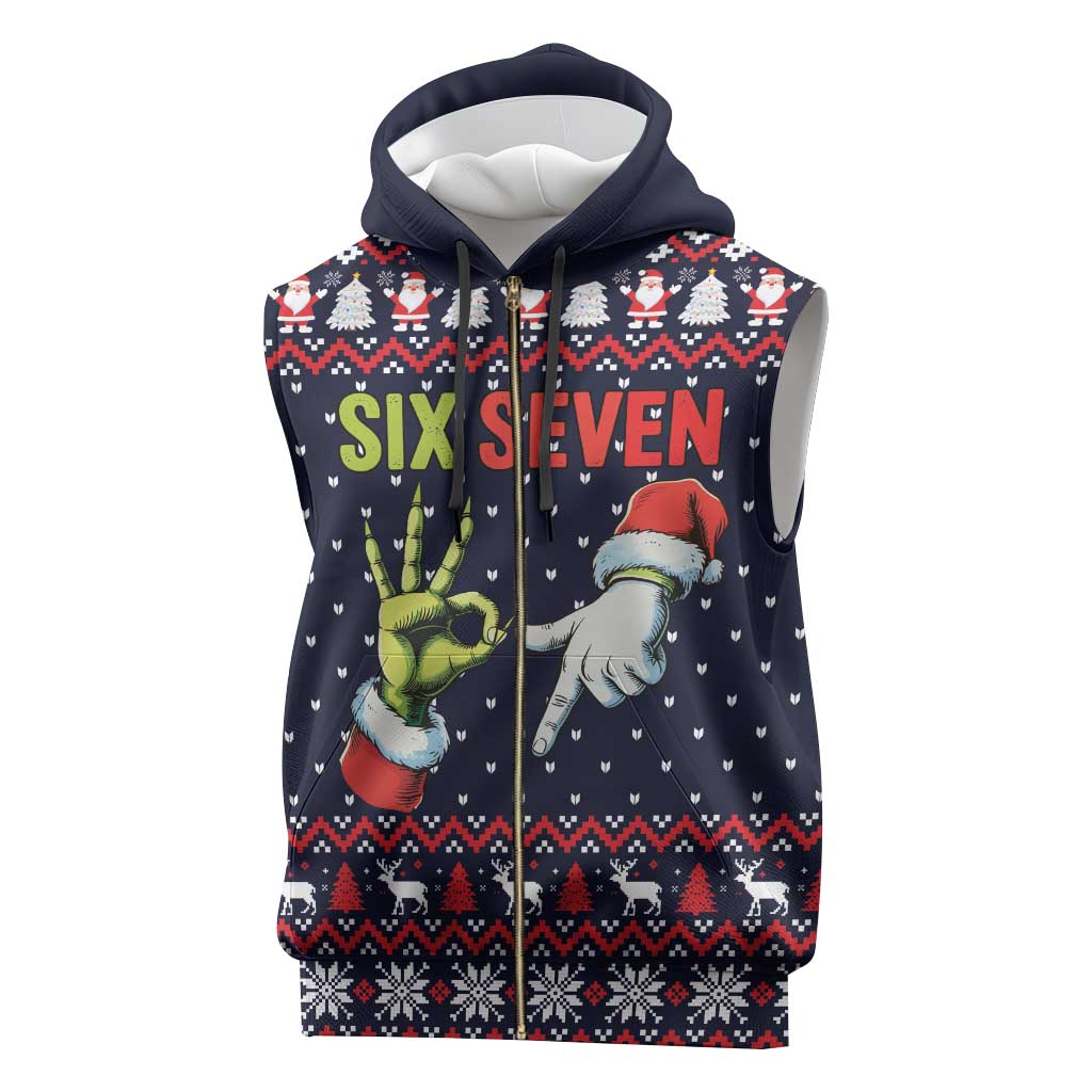 Grinch Hand Six Seven Xmas Sleeveless Zip Hoodie Meme Gen Alpha Slang - Wonder Print Shop