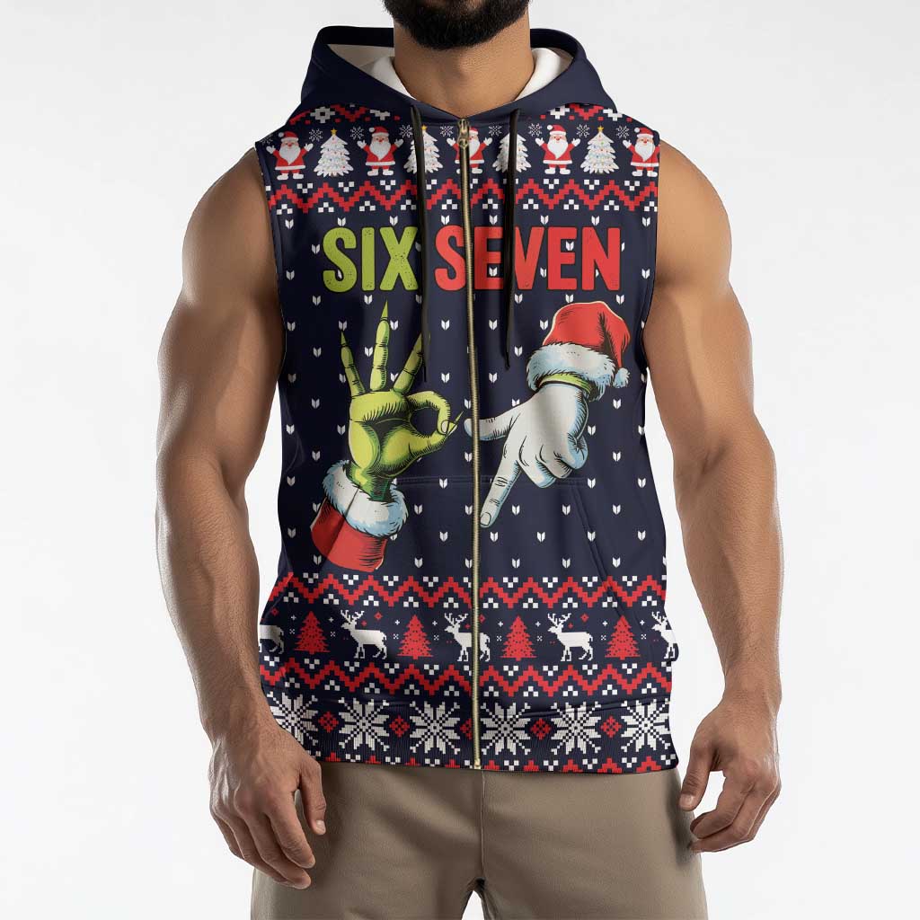 Grinch Hand Six Seven Xmas Sleeveless Zip Hoodie Meme Gen Alpha Slang - Wonder Print Shop