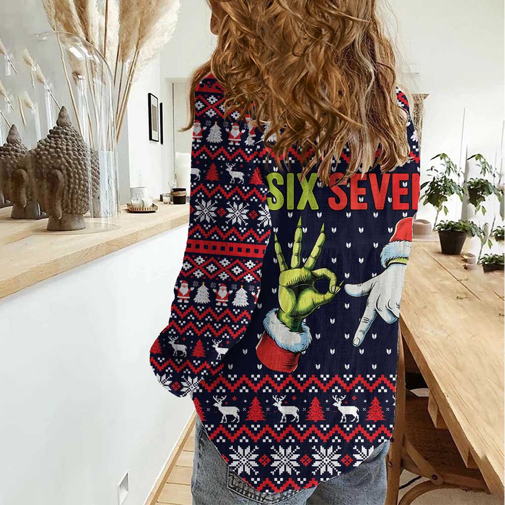 Grinch Hand Six Seven Xmas Women Casual Shirt Meme Gen Alpha Slang - Wonder Print Shop