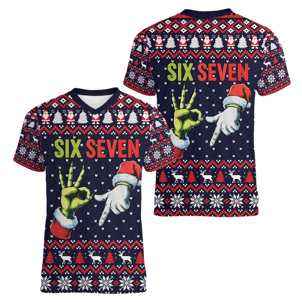 Grinch Hand Six Seven Xmas Women V-Neck T-Shirt Meme Gen Alpha Slang - Wonder Print Shop