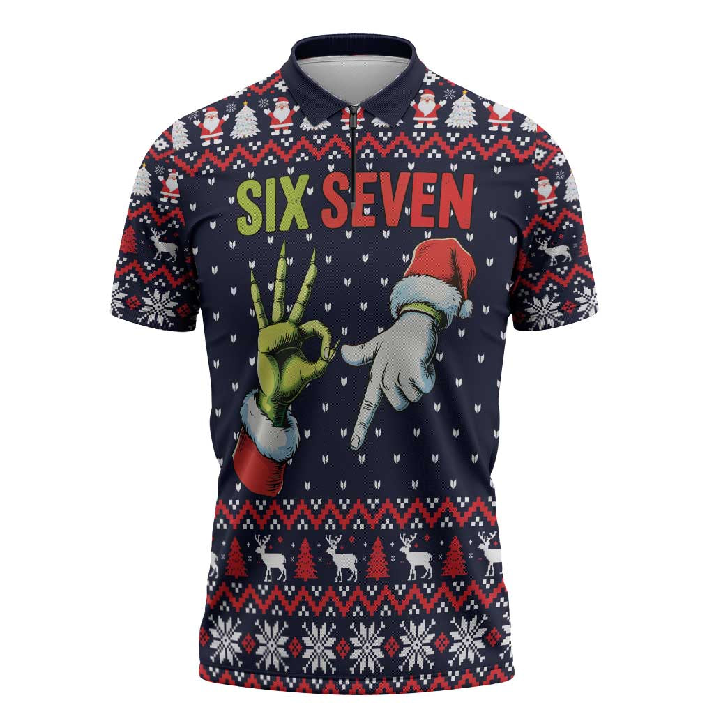 Grinch Hand Six Seven Xmas Zipper Polo Shirt Meme Gen Alpha Slang - Wonder Print Shop