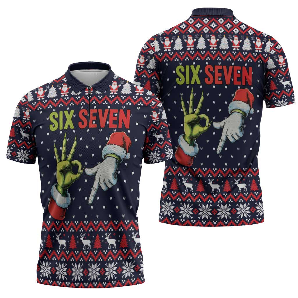 Grinch Hand Six Seven Xmas Zipper Polo Shirt Meme Gen Alpha Slang - Wonder Print Shop